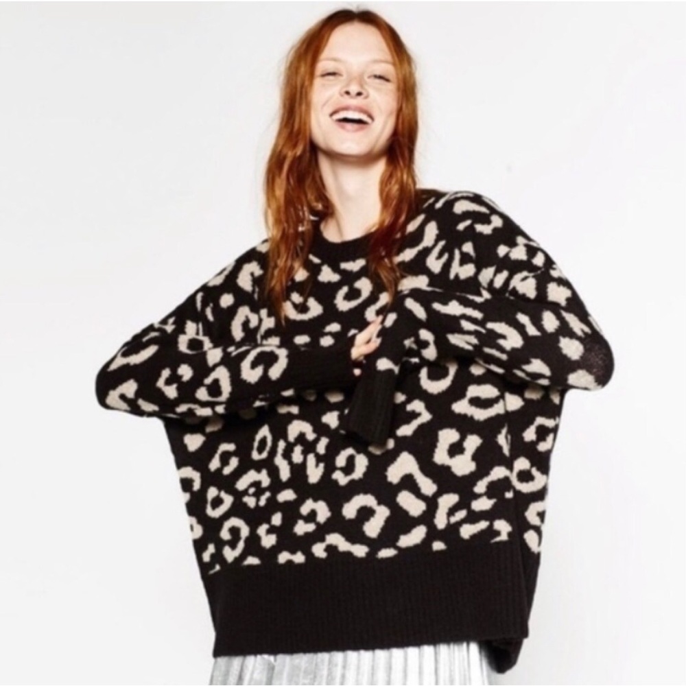 Zara Knit Black Leopard Print Jacquard Sweater S
